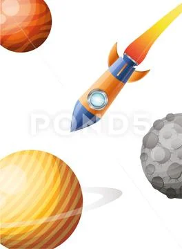 Rocket flying with planets of the solar system background Illustration ...