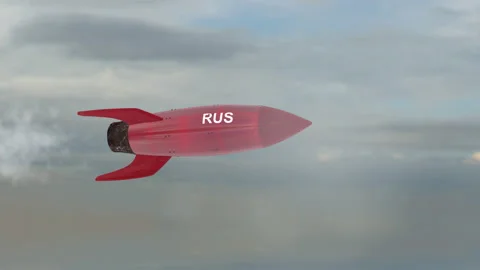 A rocket is flying in the red sky. Flag of Russia. Weapons of mass destruction.  Stock Footage 150867498