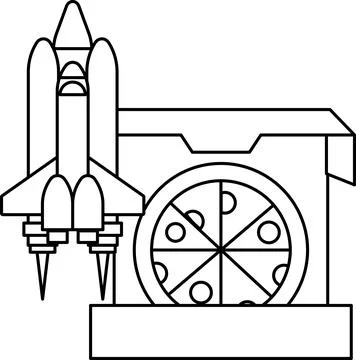 A rocket is flying in the sky above a pizza Stock Illustration