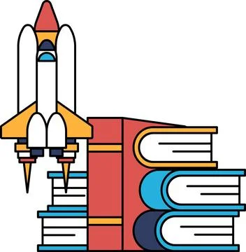A rocket is flying in the sky above a stack of books Stock Illustration