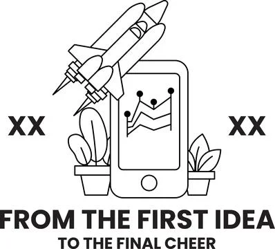 A rocket is flying in the sky and a cell phone is below it Stock Illustration