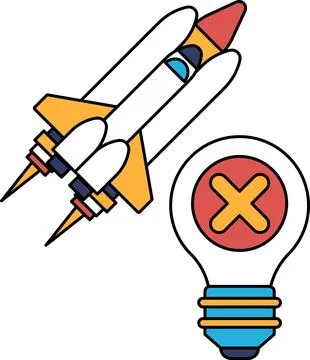 A rocket is flying in the sky and a light bulb is below it Stock Illustration