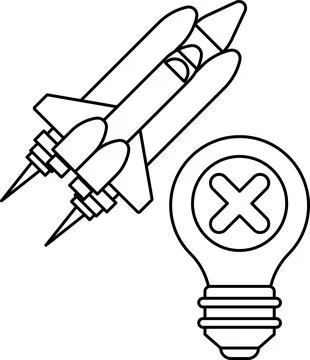 A rocket is flying in the sky and a light bulb is below it Stock Illustration