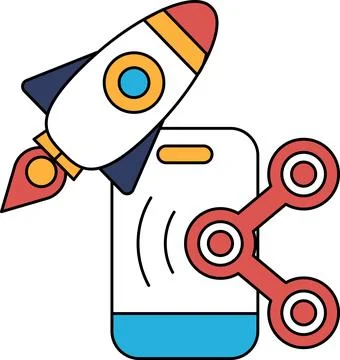 A rocket is flying in the sky and is next to a cell phone Stock Illustration