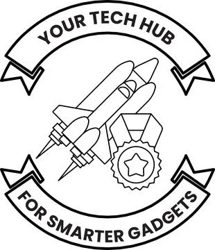 A rocket is flying in the sky with a banner that says "Your Tech Hub" Stock Illustration