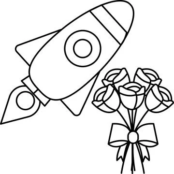 A rocket is flying in the sky with a bouquet of roses below it Stock Illustration