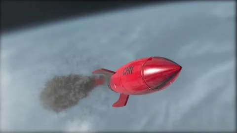 A rocket is flying in the sky. Flag of China. Weapons of mass destruction. Blurr Video stock 146858942