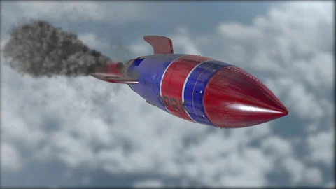 A rocket is flying in the sky. Flag of North Korea. Weapons of mass destruction. Stock Footage 147385778