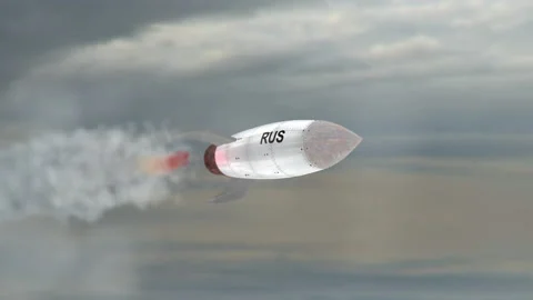 A rocket is flying in the sky. Flag of Russia. Weapons of mass destruction. Blur Stock Footage 150863348