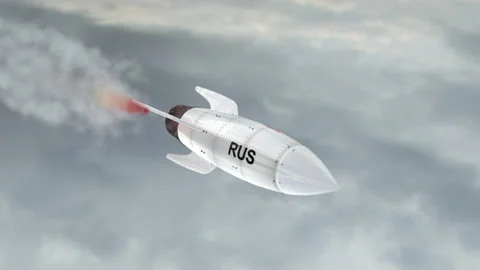 A rocket is flying in the sky. Flag of Russia. Weapons of mass destruction. Blur Stock Footage 150863665