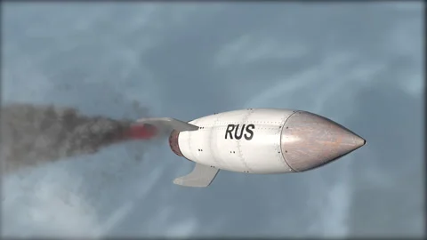 A rocket is flying in the sky. Flag of Russian. Weapons of mass destruction. Blu Stock Footage 146860472