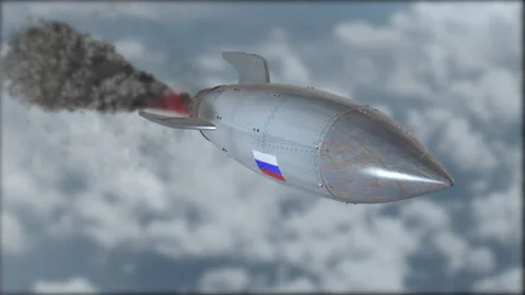 A rocket is flying in the sky. Flag of Russian. Weapons of mass destruction. Blu Stock Footage 147388090