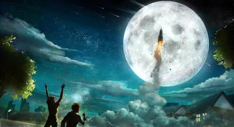 Rocket flying in sky with huge full moon and exciting kids children cheering Ilustração Stock