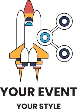 A rocket is flying in the sky with the words "Your Event Your Style" below it Stock Illustration