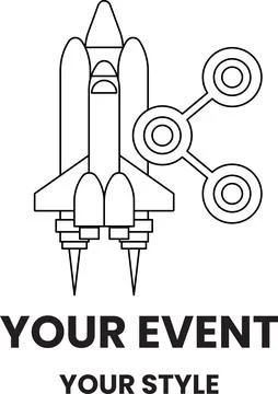 A rocket is flying in the sky with the words "Your Event Your Style" below it Stock Illustration