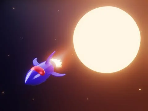 Rocket flying in space with moon and stars - 3 D cartoon image Stock Illustration