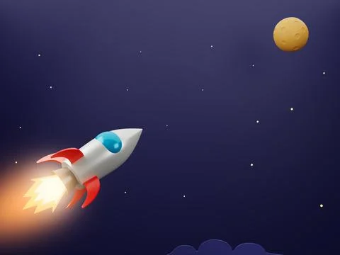 Rocket flying in space with moon and stars - 3 D cartoon image Stock Illustration
