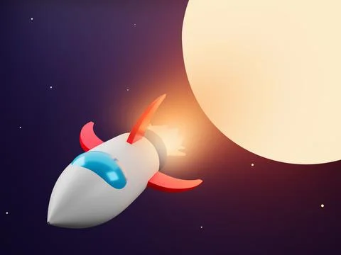 Rocket flying in space with moon and stars - 3 D cartoon image Stock Illustration