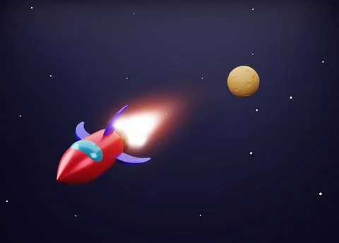 Rocket flying in space with moon and stars - 3 D cartoon image Illustrazione stock