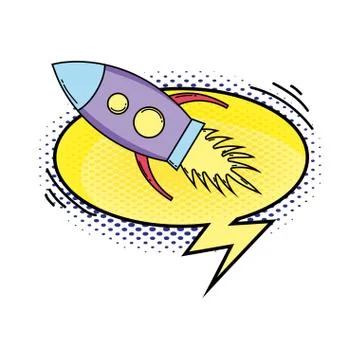 Rocket flying with speech bubble pop art style Stock Illustration