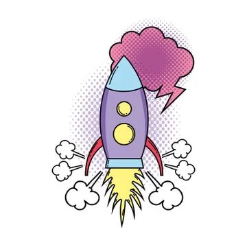Rocket flying with speech bubble pop art style Stock Illustration
