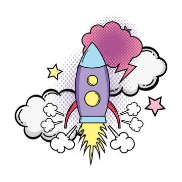 Rocket flying with speech bubble pop art style Stock Illustration