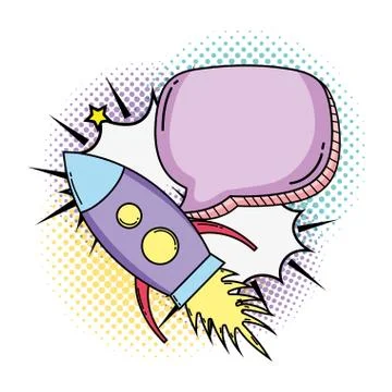 Rocket flying with speech bubble pop art style Stock Illustration