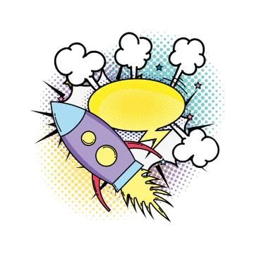 Rocket flying with speech bubble pop art style Stock Illustration