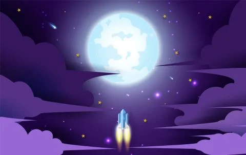 Rocket flying in the star to the full moon. Paper art and craft style design. 스톡 일러스트