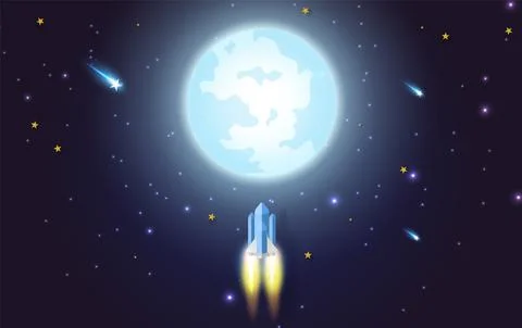 Rocket flying in the star to the full moon. Paper art and craft style design. Illustrazione stock