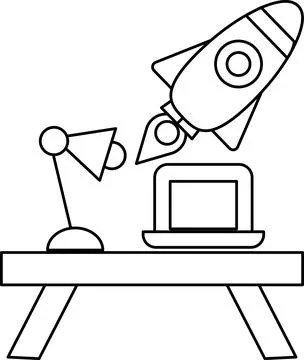 A rocket is flying through the air above a desk with a laptop and a lamp Ilustração Stock