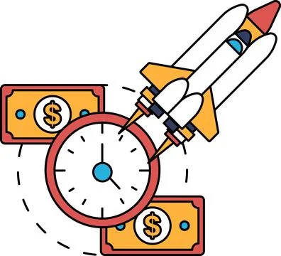 A rocket is flying through the air with a clock on the side Illustrazione stock