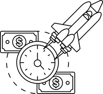 A rocket is flying through the air with a clock on the side Illustrazione stock