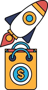 A rocket is flying through the air with a shopping bag in front of it Stock Illustration