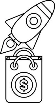 A rocket is flying through the air with a shopping bag in front of it Stock Illustration