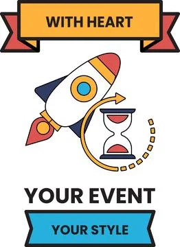 A rocket is flying through a clock with the words "with heart" on it Illustrazione stock