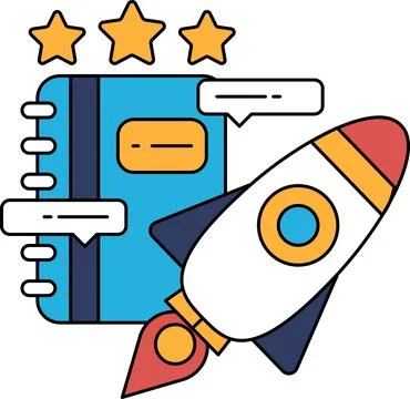 A rocket is flying through the sky above a book Stock Illustration