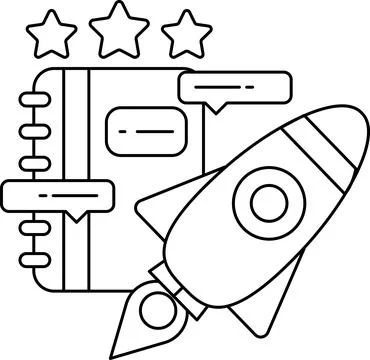 A rocket is flying through the sky above a book Stock Illustration