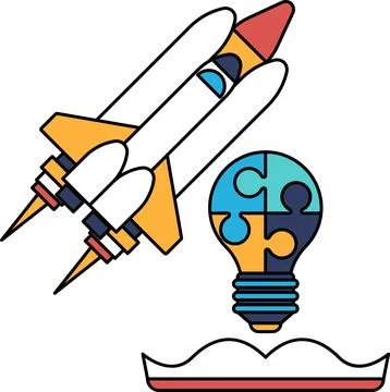 A rocket is flying through the sky and a light bulb is floating in the water Stock Illustration