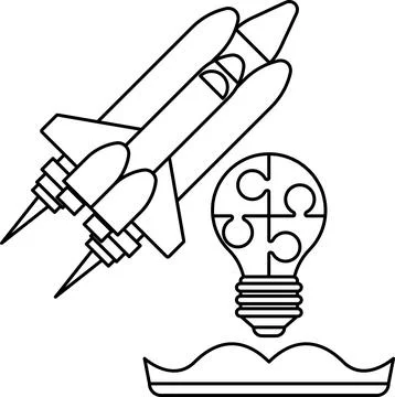 A rocket is flying through the sky and a light bulb is floating in the water Stock Illustration