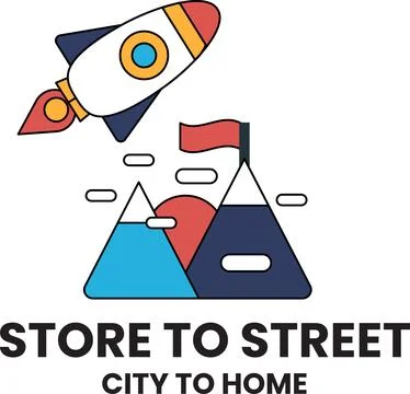 A rocket is flying through the sky and a flag is on the ground Stock Illustration