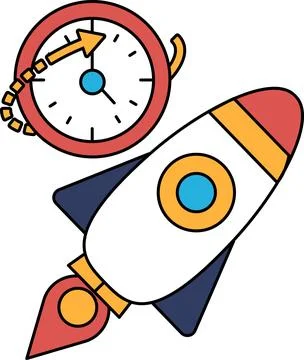 A rocket is flying through the sky with a clock on the side Illustrazione stock