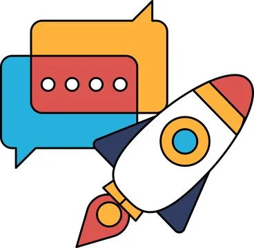 A rocket is flying through the sky with a conversation bubble next to it Stock Illustration