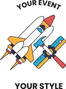A rocket is flying through the sky with a hammer and a ruler in its hands Stock Illustration