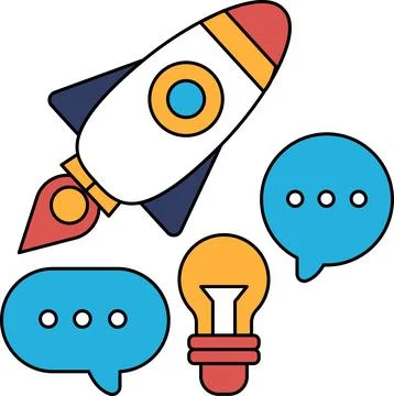 A rocket is flying through the sky with a light bulb and a speech bubble Stock Illustration