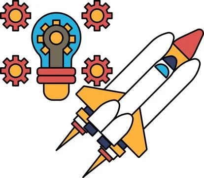 A rocket is flying through the sky with a light bulb in the foreground Stock Illustration