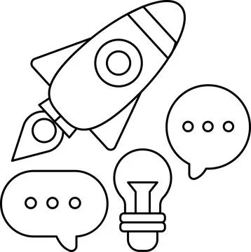 A rocket is flying through the sky with a light bulb and a speech bubble Stock Illustration