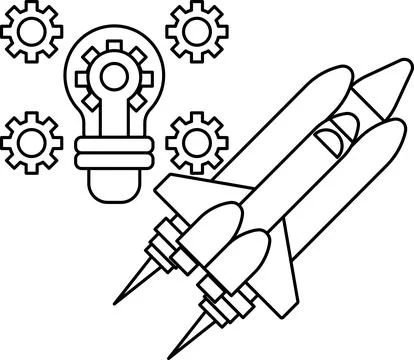 A rocket is flying through the sky with a light bulb in the foreground Stock Illustration
