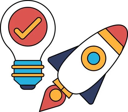 A rocket is flying through the sky with a light bulb in the foreground Stock Illustration
