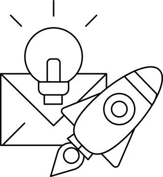 A rocket is flying through the sky with a light bulb in the foreground Stock Illustration